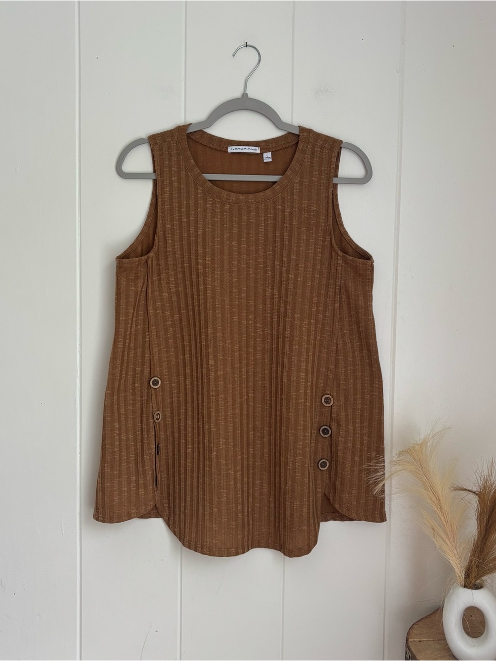 Notations Ribbed Brown Button-Accent Sleeveless Tank